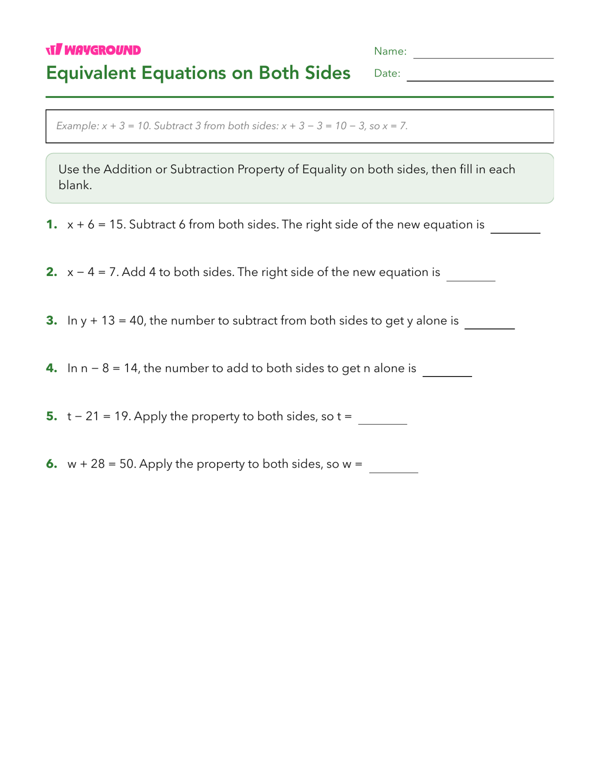 Equivalent Equations on Both Sides - Imprimible Propiedades-de-la-igualdad Hojas-de-trabajo Grado 6 - Wayground