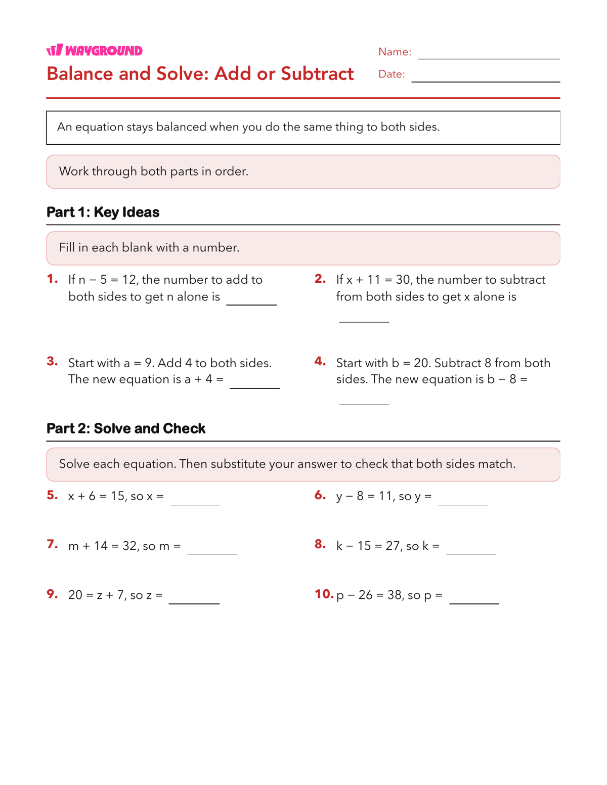 Balance and Solve: Add or Subtract - Imprimible Propiedades-de-la-igualdad Hojas-de-trabajo Grado 6 - Wayground