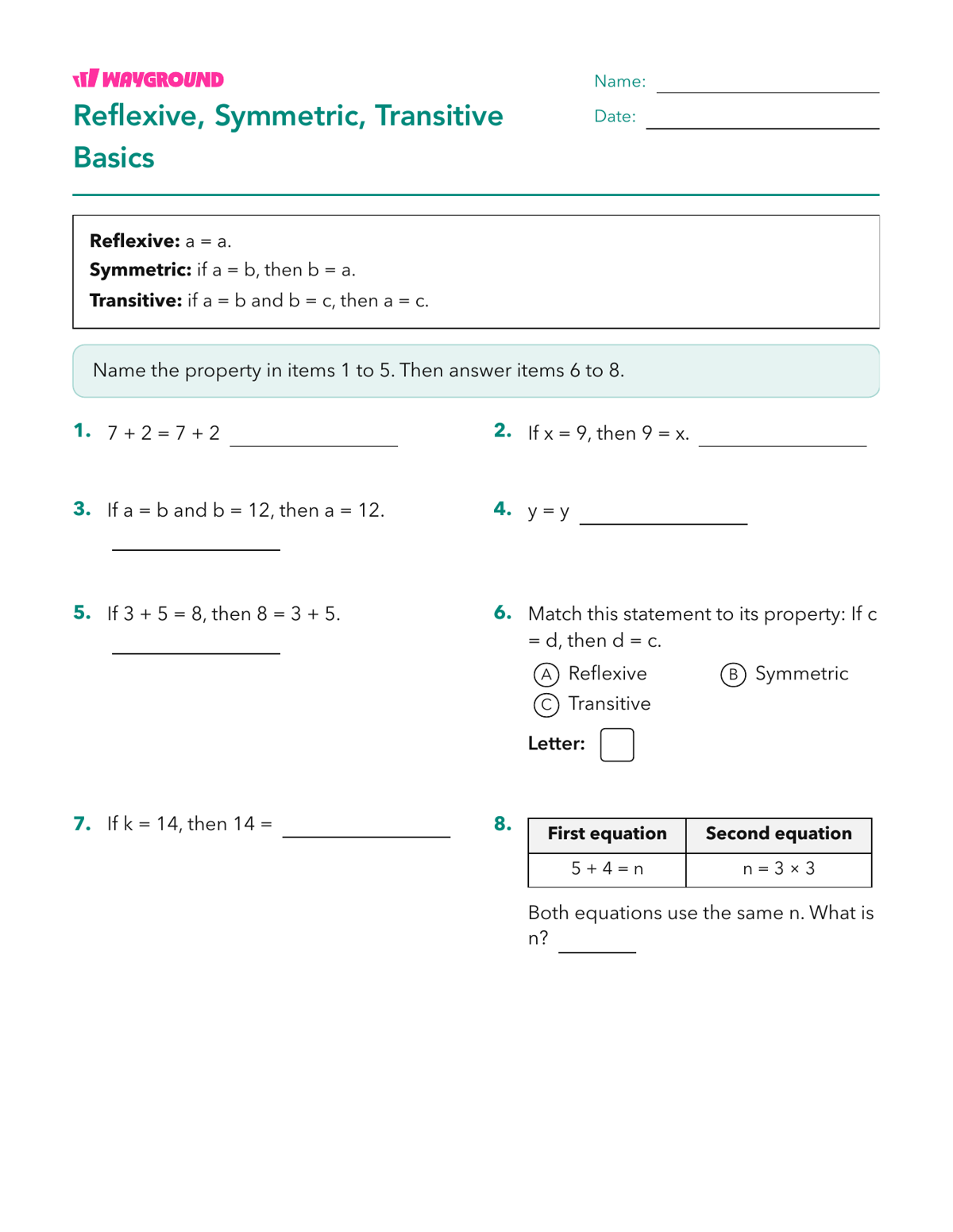 Reflexive, Symmetric, Transitive Basics - Imprimible Propiedades-de-la-igualdad Hojas-de-trabajo Grado 6 - Wayground