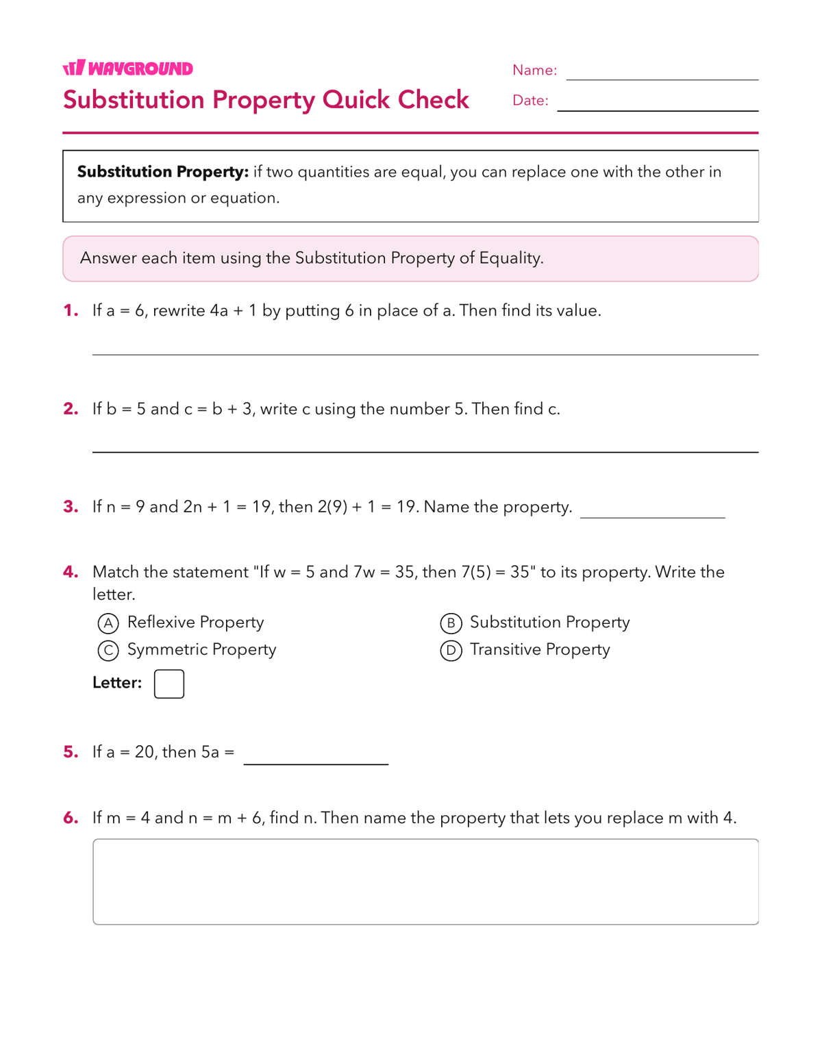 Substitution Property Quick Check - Imprimible Propiedades-de-la-igualdad Hojas-de-trabajo Grado 6 - Wayground