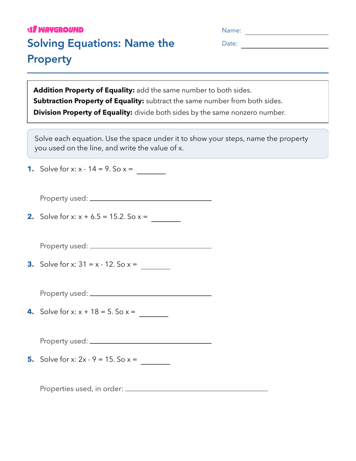 Solving Equations: Name the Property - Imprimible Propiedades-de-la-igualdad Hojas-de-trabajo Grado 7 - Wayground
