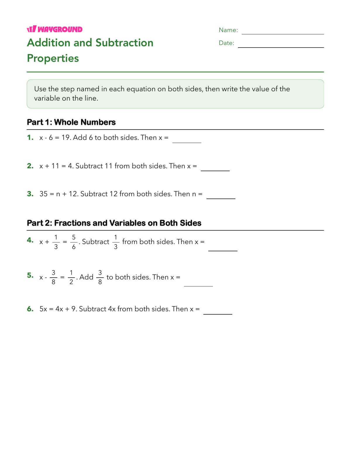 Addition and Subtraction Properties - Imprimible Propiedades-de-la-igualdad Hojas-de-trabajo Grado 7 - Wayground
