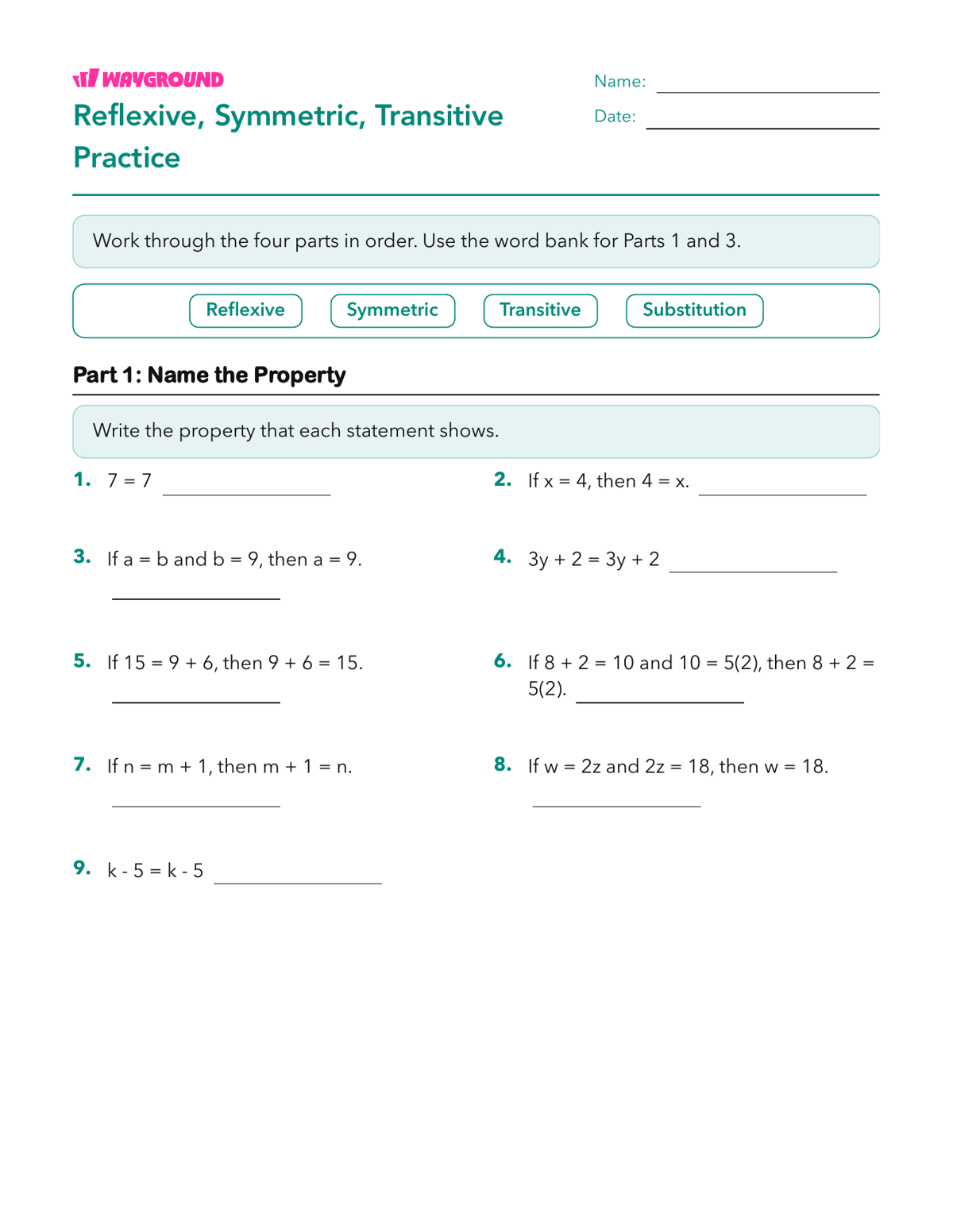Reflexive, Symmetric, Transitive Practice - Imprimible Propiedades-de-la-igualdad Hojas-de-trabajo Grado 7 - Wayground