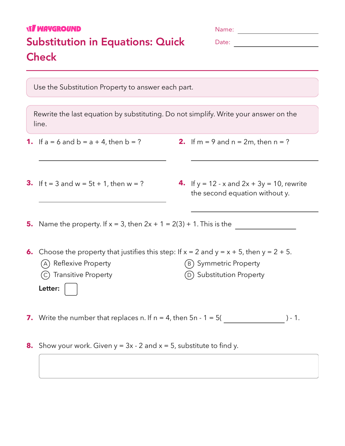 Substitution in Equations: Quick Check - Imprimible Propiedades-de-la-igualdad Hojas-de-trabajo Grado 7 - Wayground