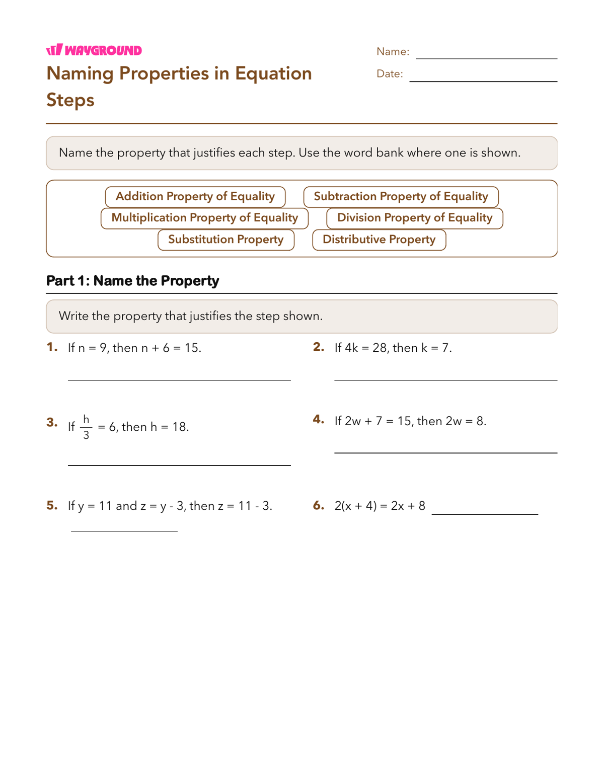 Naming Properties in Equation Steps - Imprimible Propiedades-de-la-igualdad Hojas-de-trabajo Grado 7 - Wayground
