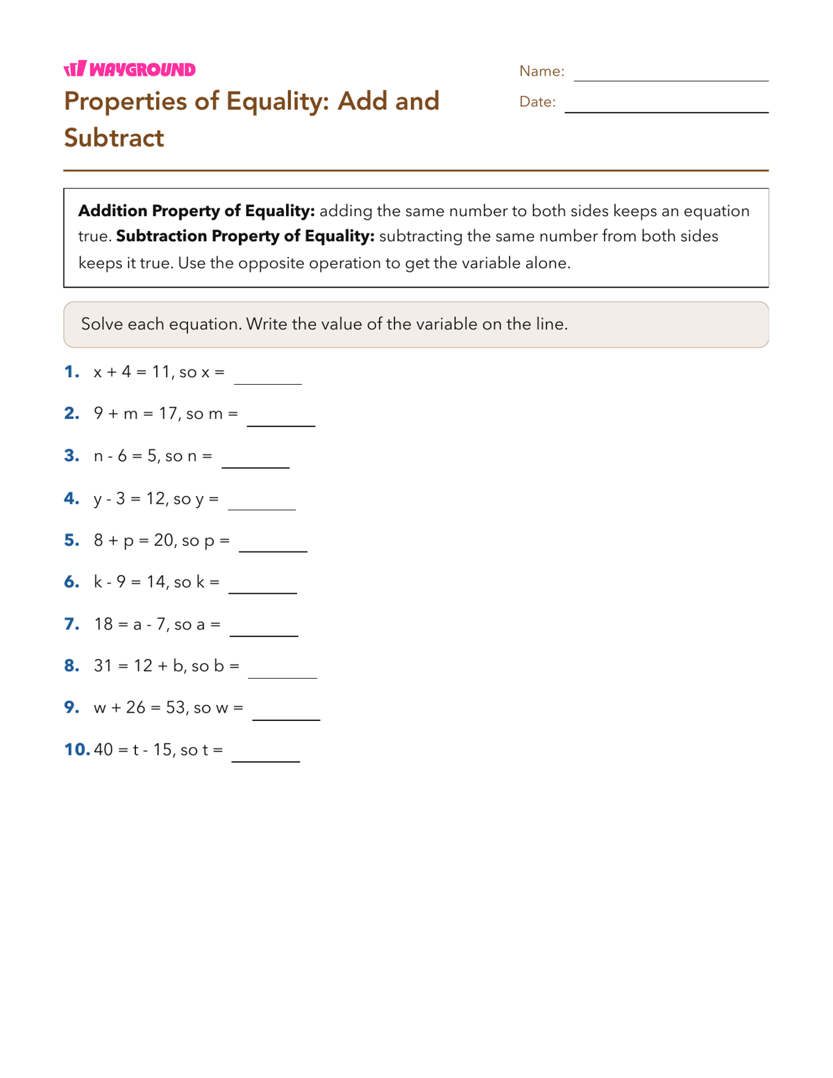 Properties of Equality: Add and Subtract - Printable Properties-of-equality Worksheets - Wayground