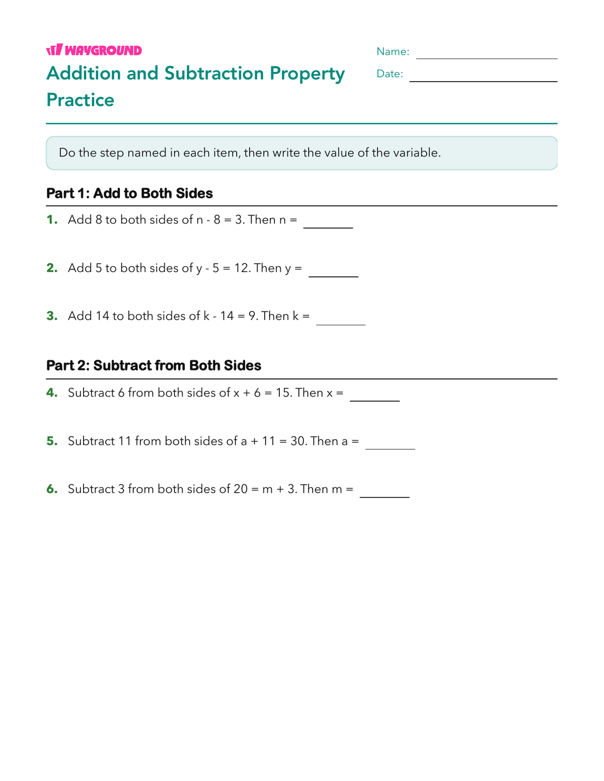 Addition and Subtraction Property Practice - Printable Properties-of-equality Worksheets - Wayground