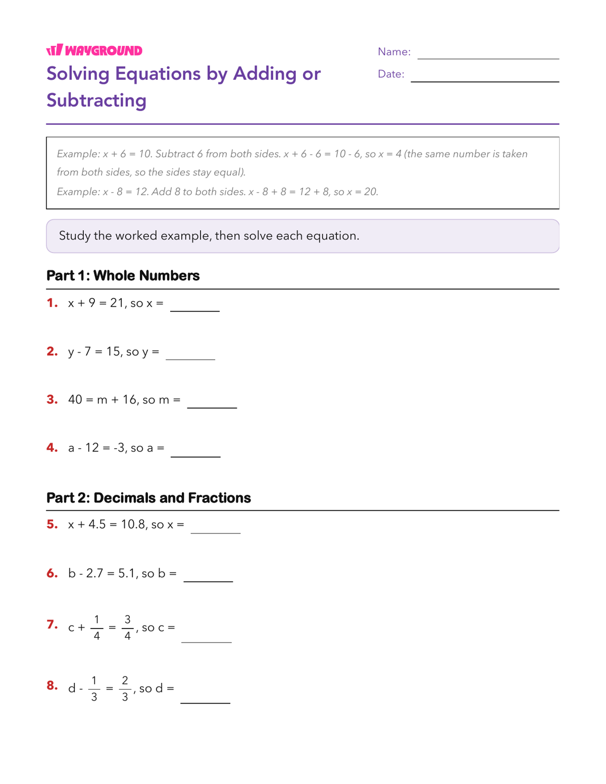 Solving Equations by Adding or Subtracting - Printable Properties-of-equality Worksheets - Wayground