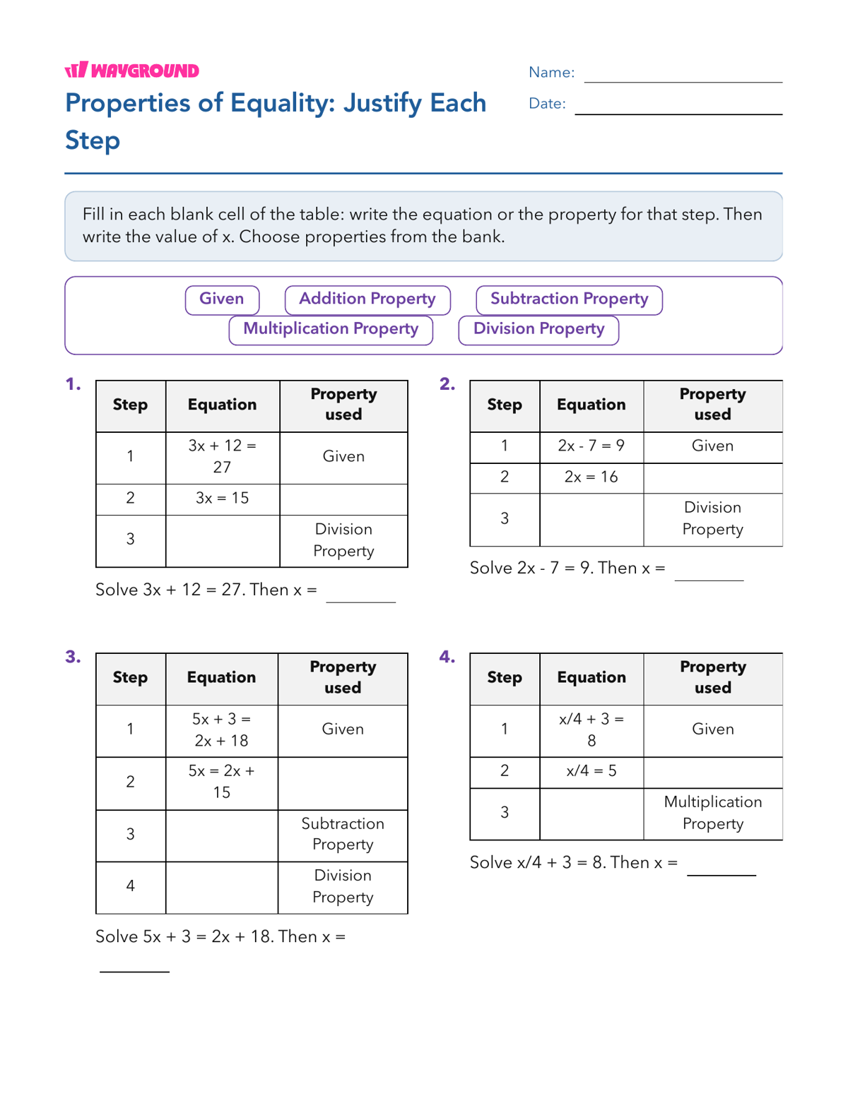 Properties of Equality: Justify Each Step - Printable Properties-of-equality Worksheets - Wayground