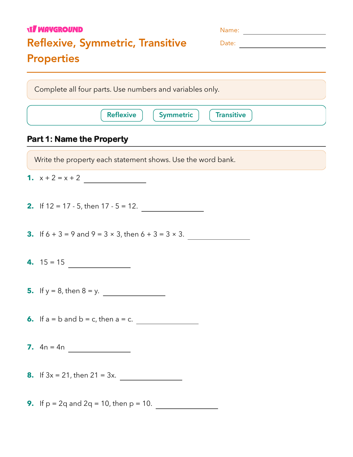 Reflexive, Symmetric, Transitive Properties - Printable Properties-of-equality Worksheets - Wayground