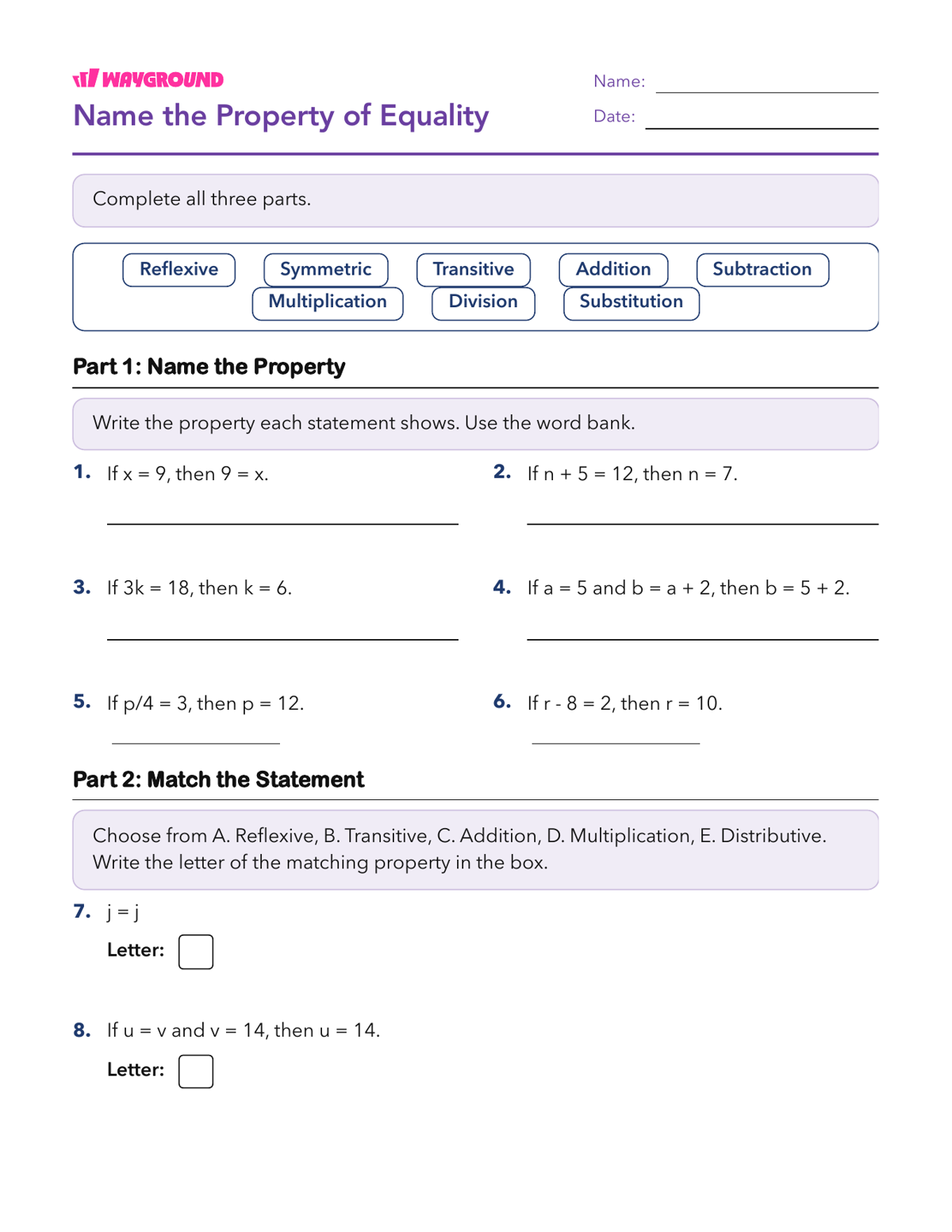 Name the Property of Equality - Printable Properties-of-equality Worksheets - Wayground