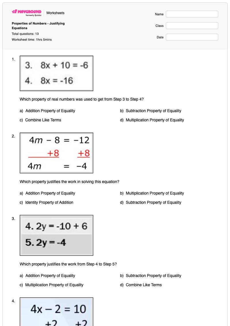 Properties of Numbers - Justifying Equations - พิมพ์ได้ คุณสมบัติของตัวเลข เวิร์กชีท ระดับ 10 - Wayground