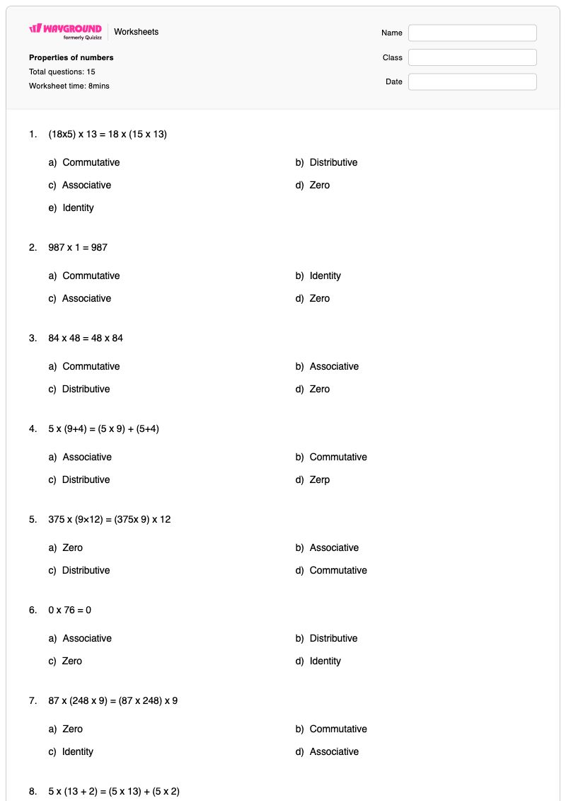 Properties of numbers - พิมพ์ได้ Properties-of-numbers เวิร์กชีท - Wayground