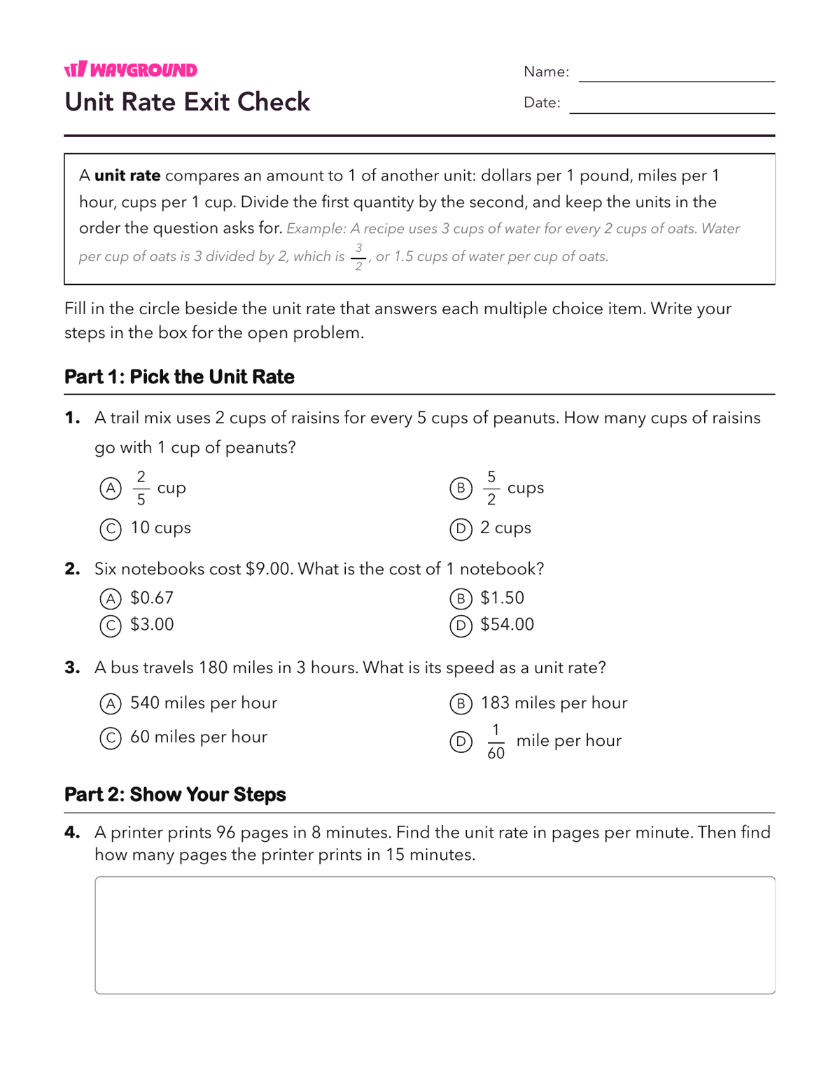 Unit Rate Exit Check - Có thể in Mối-quan-hệ-tỷ-lệ Phiếu-bài-tập Lớp 6 - Quizizz