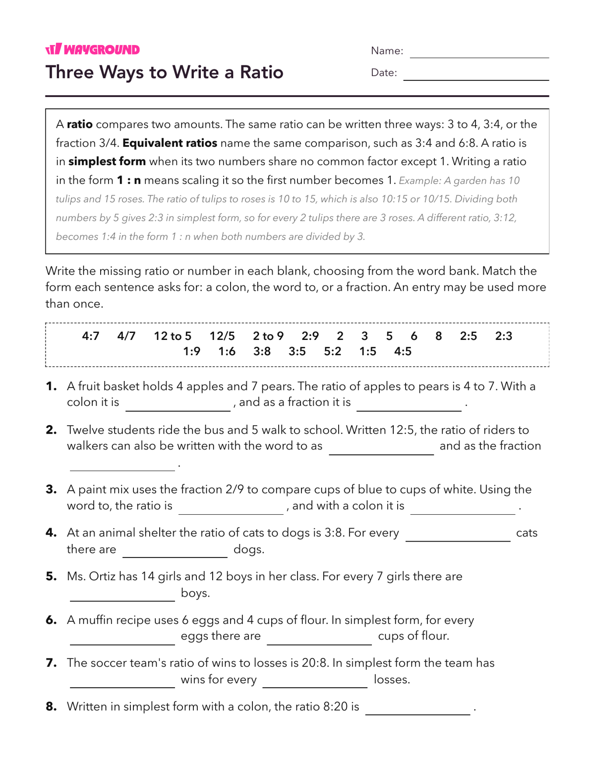Three Ways to Write a Ratio - Có thể in Mối-quan-hệ-tỷ-lệ Phiếu-bài-tập Lớp 6 - Quizizz