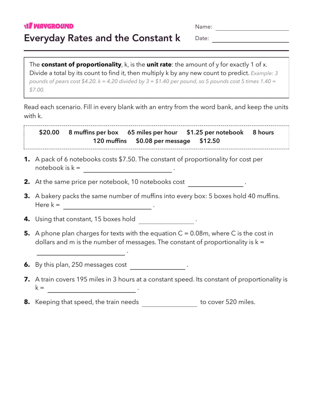 Everyday Rates and the Constant k - Có thể in Mối-quan-hệ-tỷ-lệ Phiếu-bài-tập Lớp 7 - Quizizz
