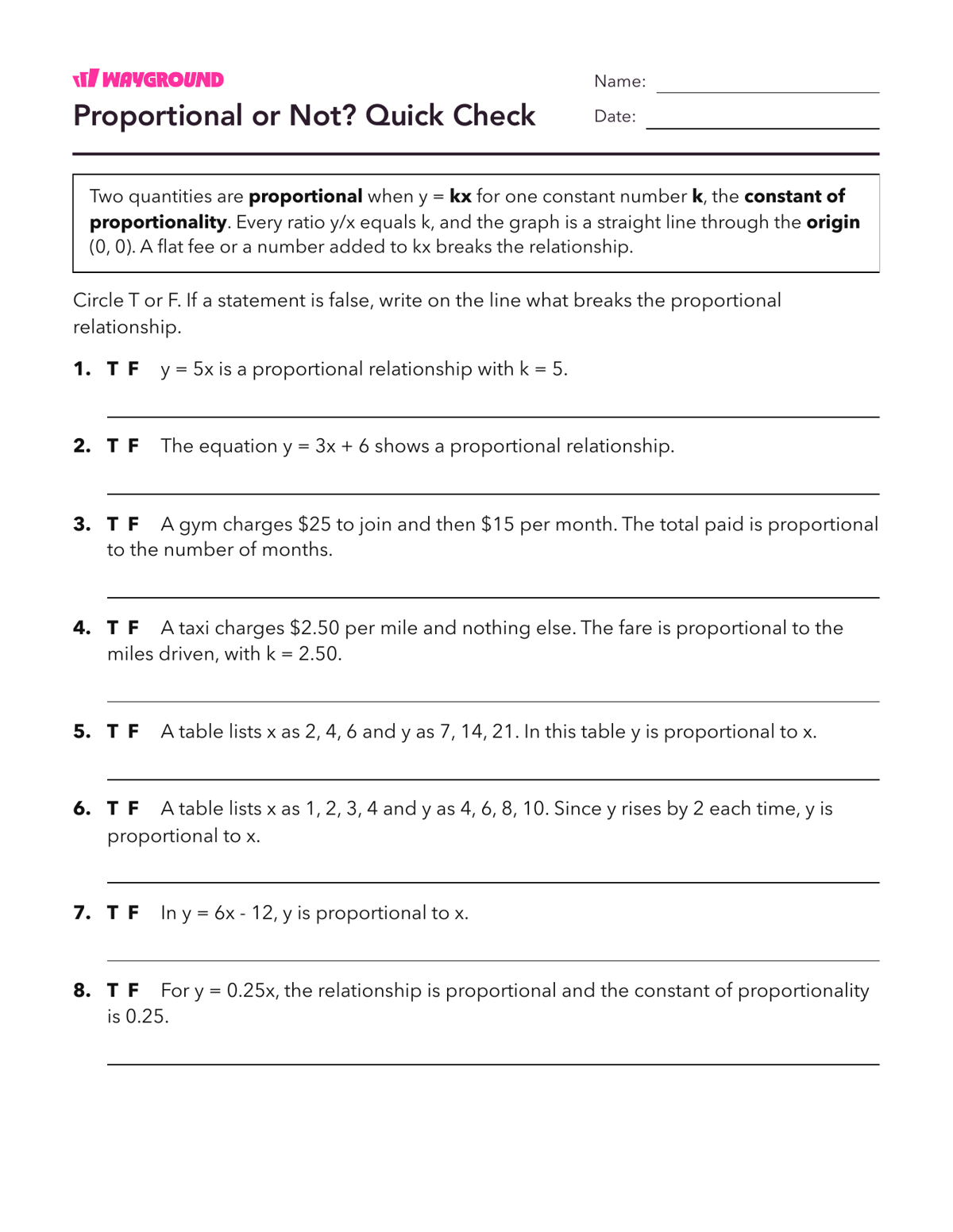 Proportional or Not? Quick Check - Có thể in Mối-quan-hệ-tỷ-lệ Phiếu-bài-tập Lớp 7 - Quizizz