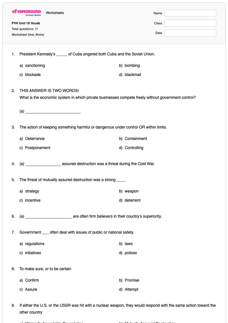 PVH Unit 10 Vocab - พิมพ์ได้ Thought-restructuring เวิร์กชีท ระดับ 9 - Wayground