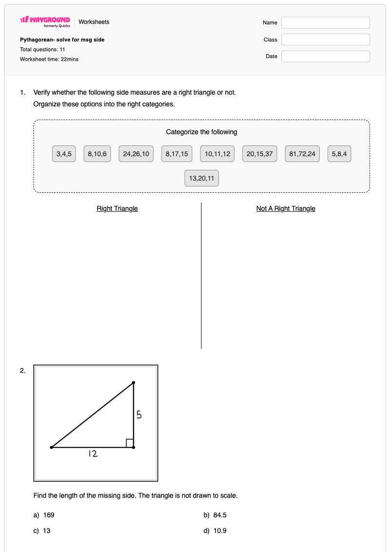 Pythagorean- solve for msg side - พิมพ์ได้ Chi-square-test เวิร์กชีท ระดับ 10 - Wayground