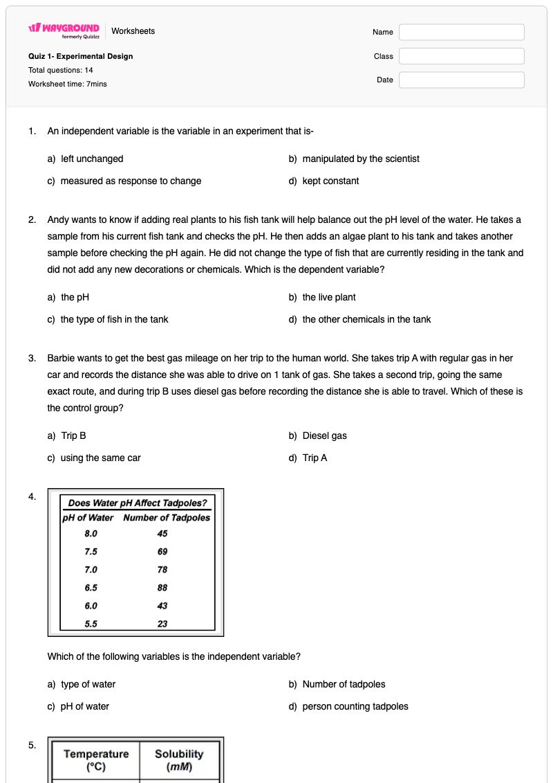 Quiz 1- Experimental Design - พิมพ์ได้ Experimental-design เวิร์กชีท ระดับ 10 - Wayground