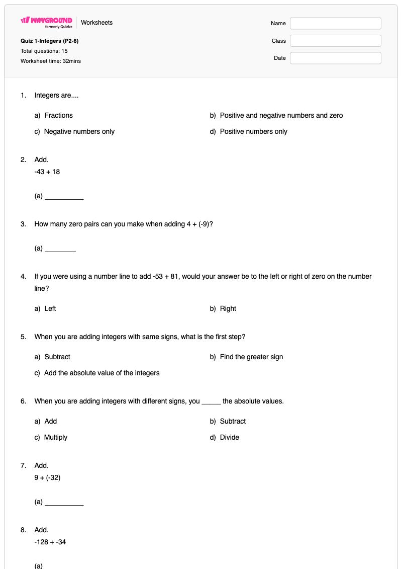 Quiz 1-Integers (P2-6) - พิมพ์ได้ Adding-with-zero เวิร์กชีท โรงเรียนอนุบาล - Wayground