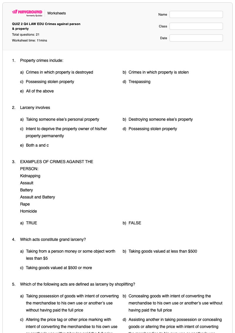 QUIZ 2 Q4  LAW EDU Crimes against person & property    - พิมพ์ได้ การป้องกันอาชญากรรม เวิร์กชีท ระดับ 11 - Wayground