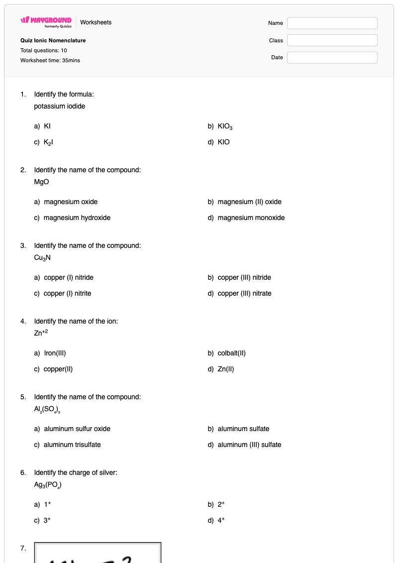 Quiz Ionic Nomenclature - พิมพ์ได้ การตั้งชื่อสารประกอบไอออนิกและโคเวเลนต์ เวิร์กชีท - Wayground