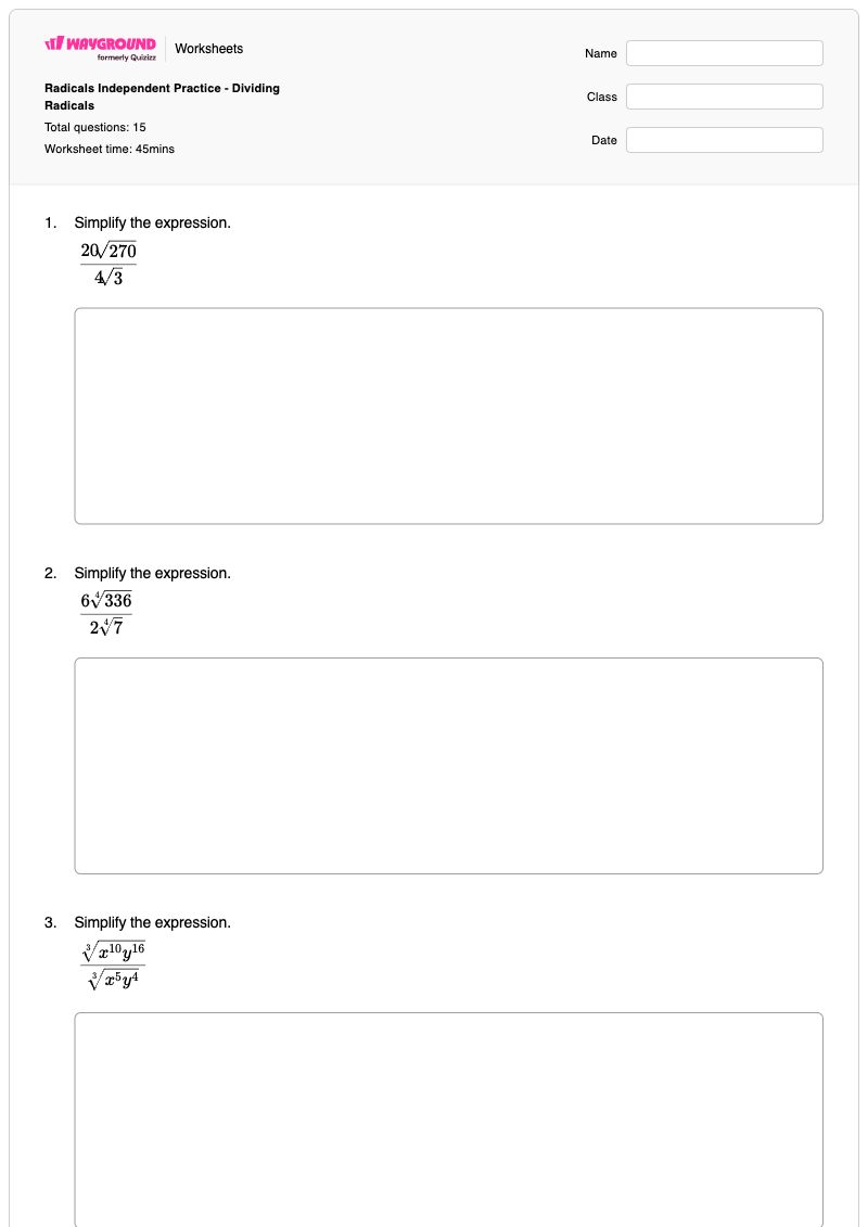 Radicals Independent Practice -  Dividing Radicals - พิมพ์ได้ Rationalizing-the-denominator เวิร์กชีท ระดับ 11 - Wayground