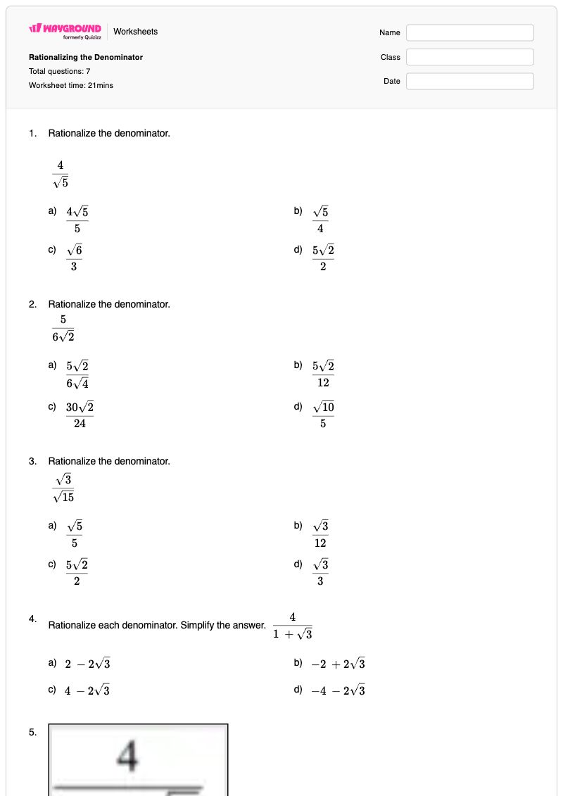 Rationalizing the Denominator - พิมพ์ได้ Rationalizing-the-denominator เวิร์กชีท - Wayground