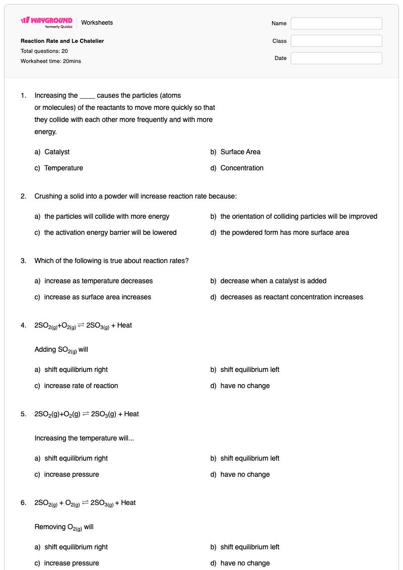 Reaction Rate and Le Chatelier - พิมพ์ได้ ค่าคงที่สมดุลและผลหารปฏิกิริยา เวิร์กชีท ระดับ 11 - Wayground