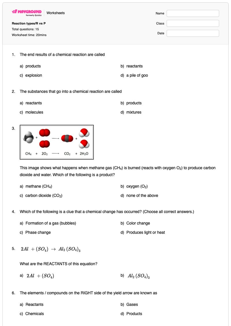 Reaction types/R vs P - พิมพ์ได้ Neutralization-reactions เวิร์กชีท ระดับ 9 - Wayground