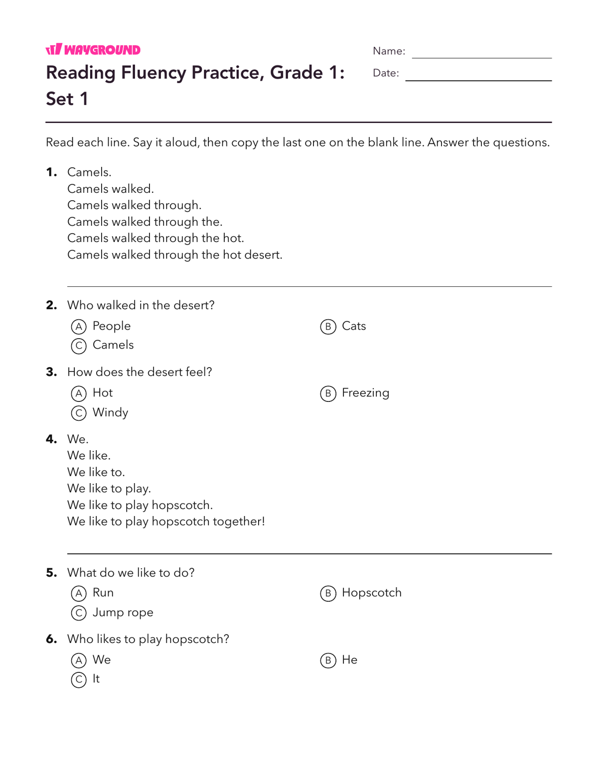 Reading Fluency Practice, Grade 1: Set 1 - Imprimible Fluidez-de-lectura Hojas-de-trabajo Grado 1 - Wayground