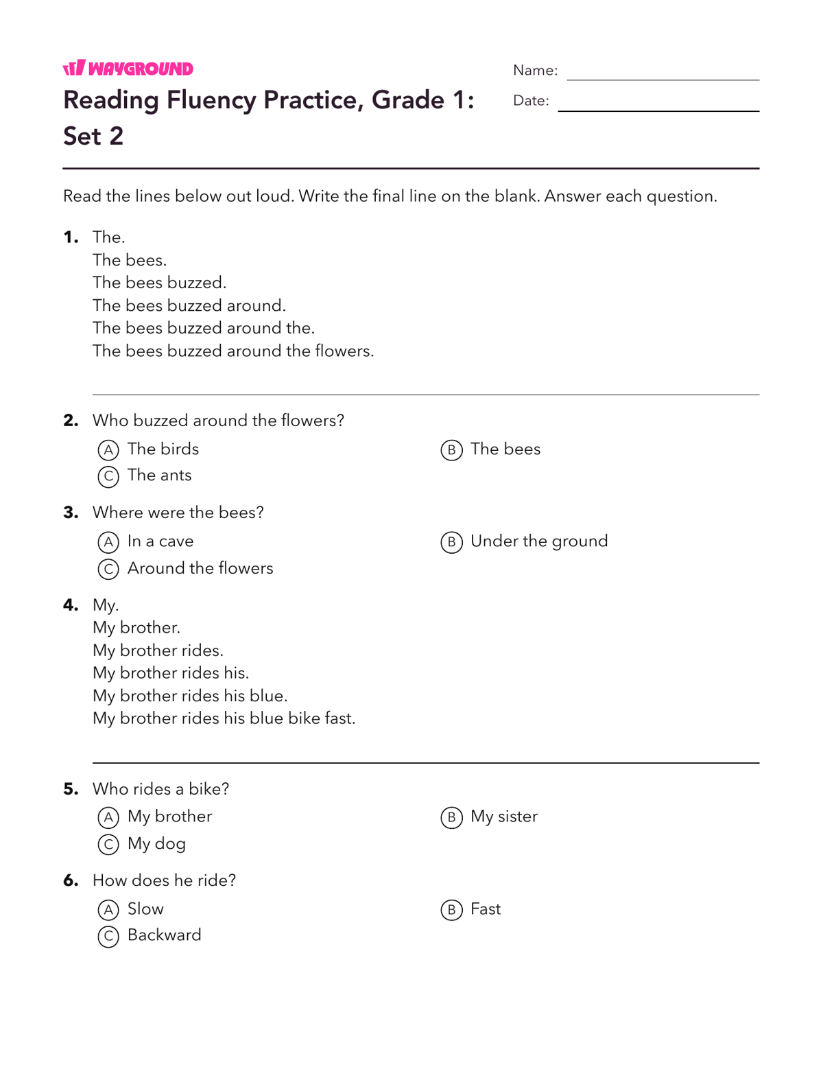 Reading Fluency Practice, Grade 1: Set 2 - Imprimible Fluidez-de-lectura Hojas-de-trabajo Grado 1 - Wayground