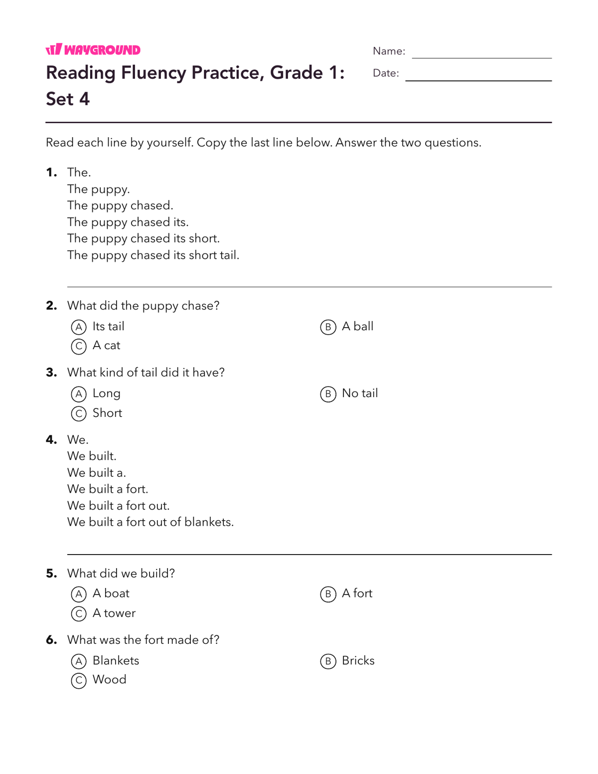 Reading Fluency Practice, Grade 1: Set 4 - Imprimible Fluidez-de-lectura Hojas-de-trabajo Grado 1 - Wayground