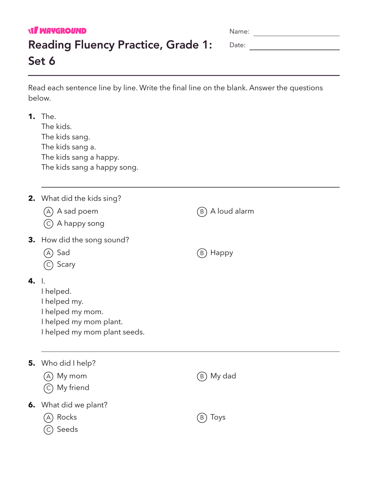 Reading Fluency Practice, Grade 1: Set 6 - Imprimible Fluidez-de-lectura Hojas-de-trabajo Grado 1 - Wayground