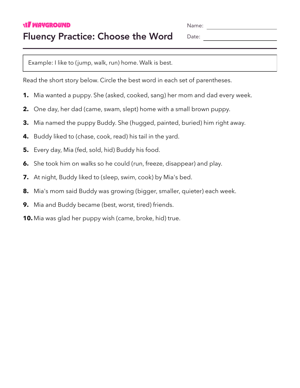 Fluency Practice: Choose the Word - Imprimible Fluidez-de-lectura Hojas-de-trabajo Grado 1 - Wayground