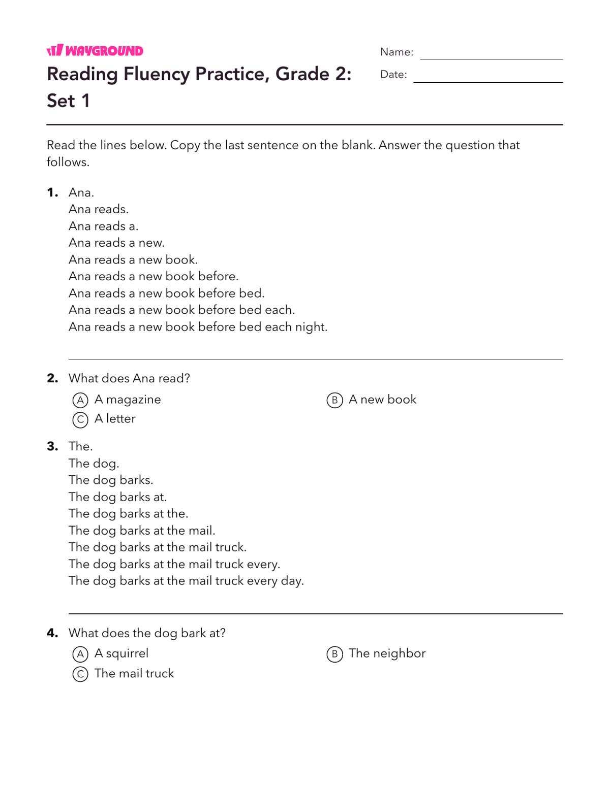 Reading Fluency Practice, Grade 2: Set 1 - Imprimible Fluidez-de-lectura Hojas-de-trabajo Grado 2 - Wayground
