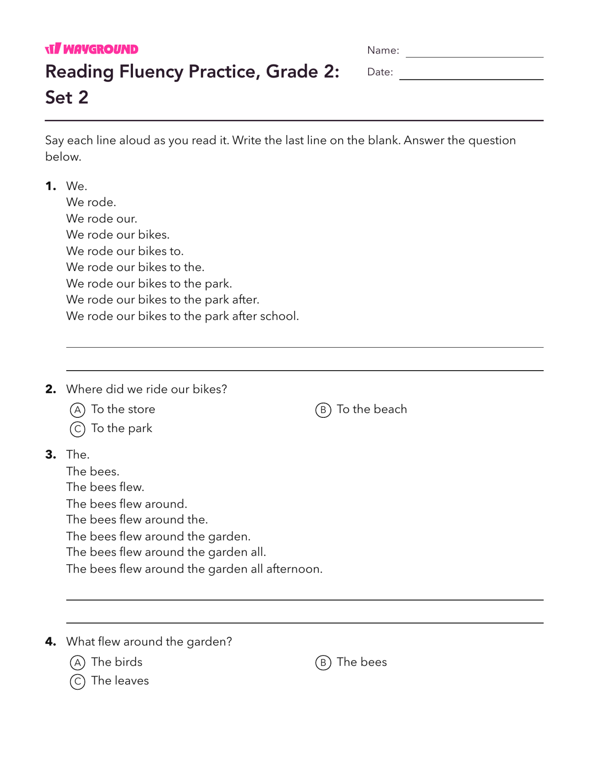 Reading Fluency Practice, Grade 2: Set 2 - Imprimible Fluidez-de-lectura Hojas-de-trabajo Grado 2 - Wayground