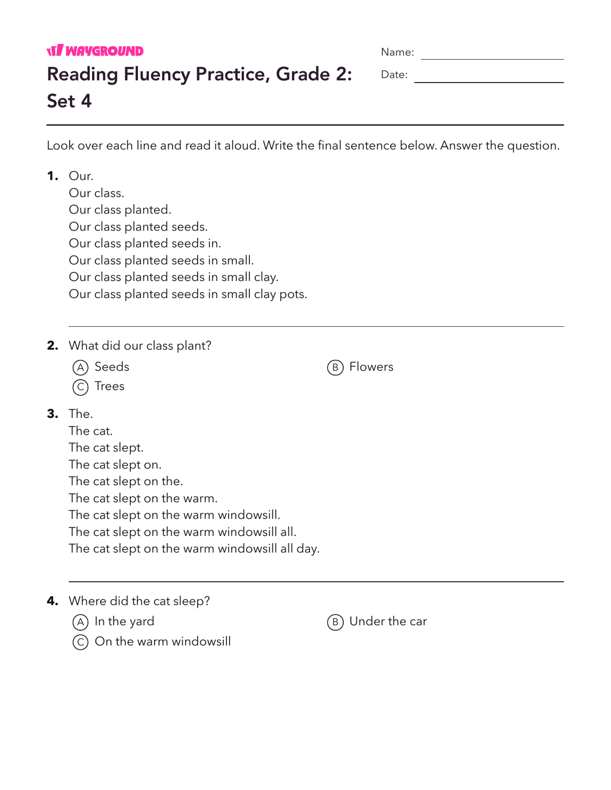 Reading Fluency Practice, Grade 2: Set 4 - Imprimible Fluidez-de-lectura Hojas-de-trabajo Grado 2 - Wayground
