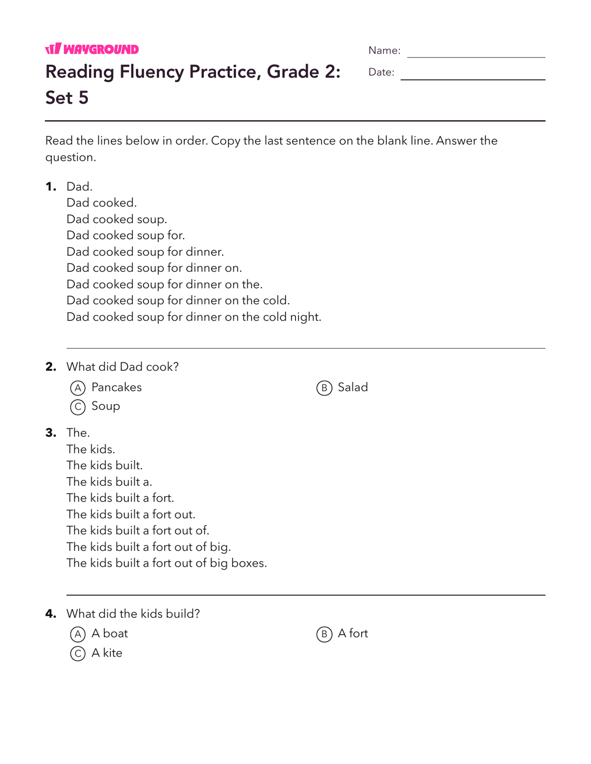 Reading Fluency Practice, Grade 2: Set 5 - Imprimible Fluidez-de-lectura Hojas-de-trabajo Grado 2 - Wayground