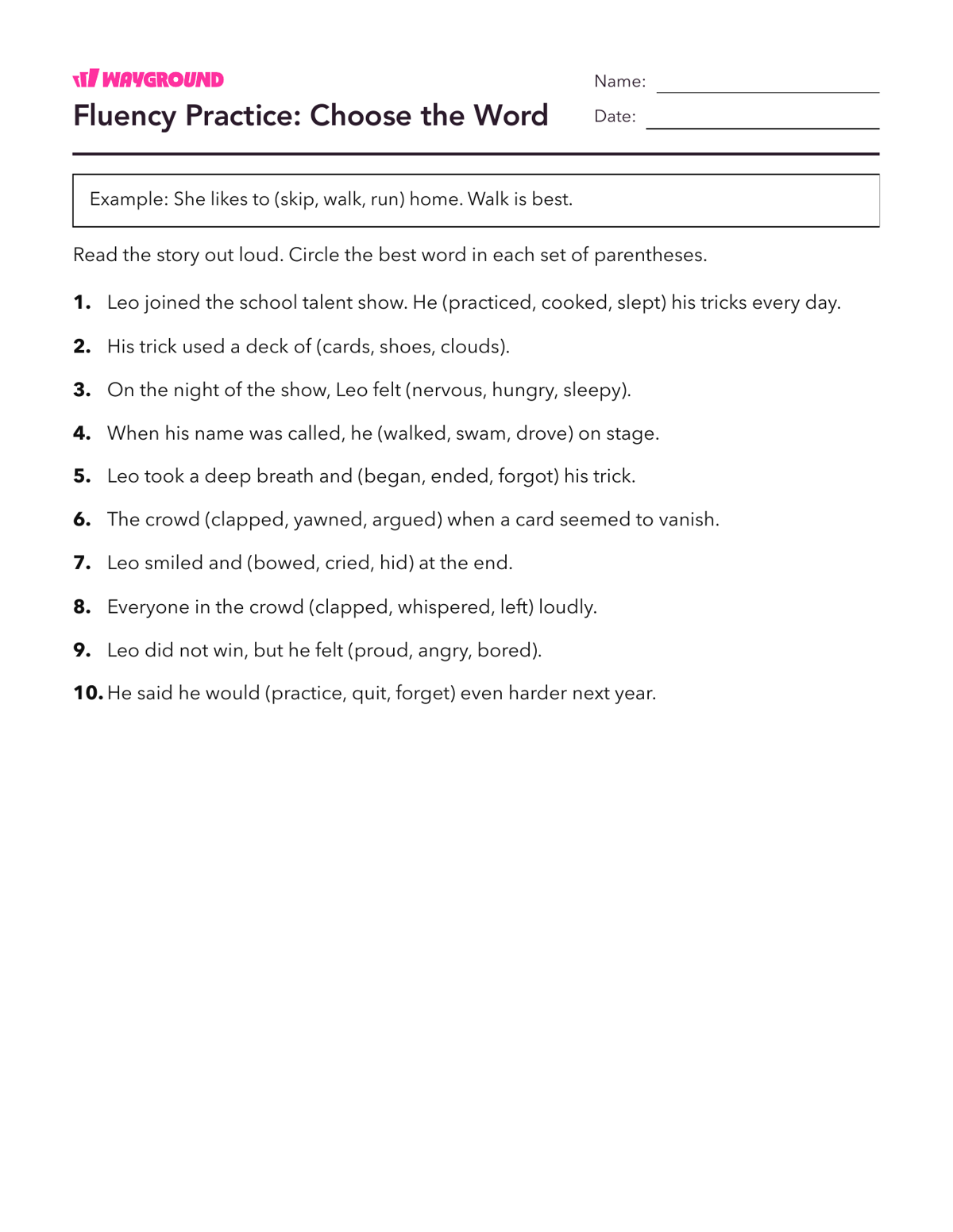 Fluency Practice: Choose the Word - Imprimible Fluidez-de-lectura Hojas-de-trabajo Grado 2 - Wayground