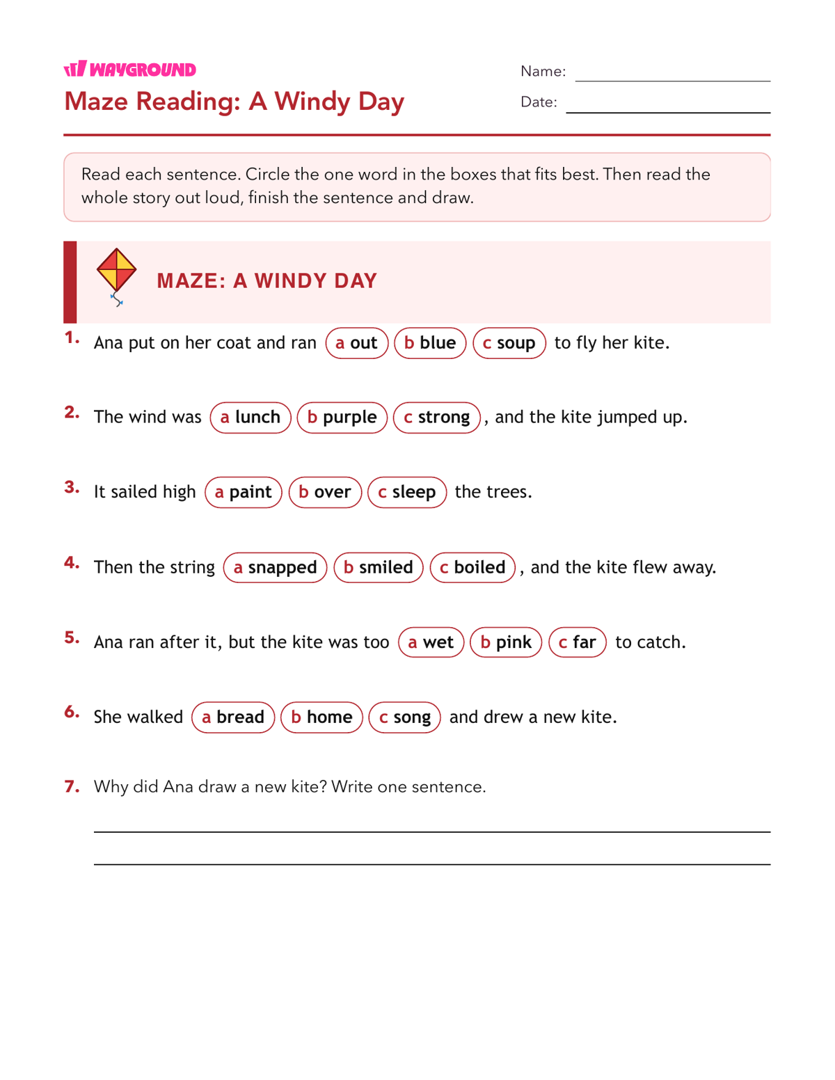 Maze Reading: A Windy Day - Nadający się do druku Płynność-czytania Karty-pracy Klasa 2 - Wayground