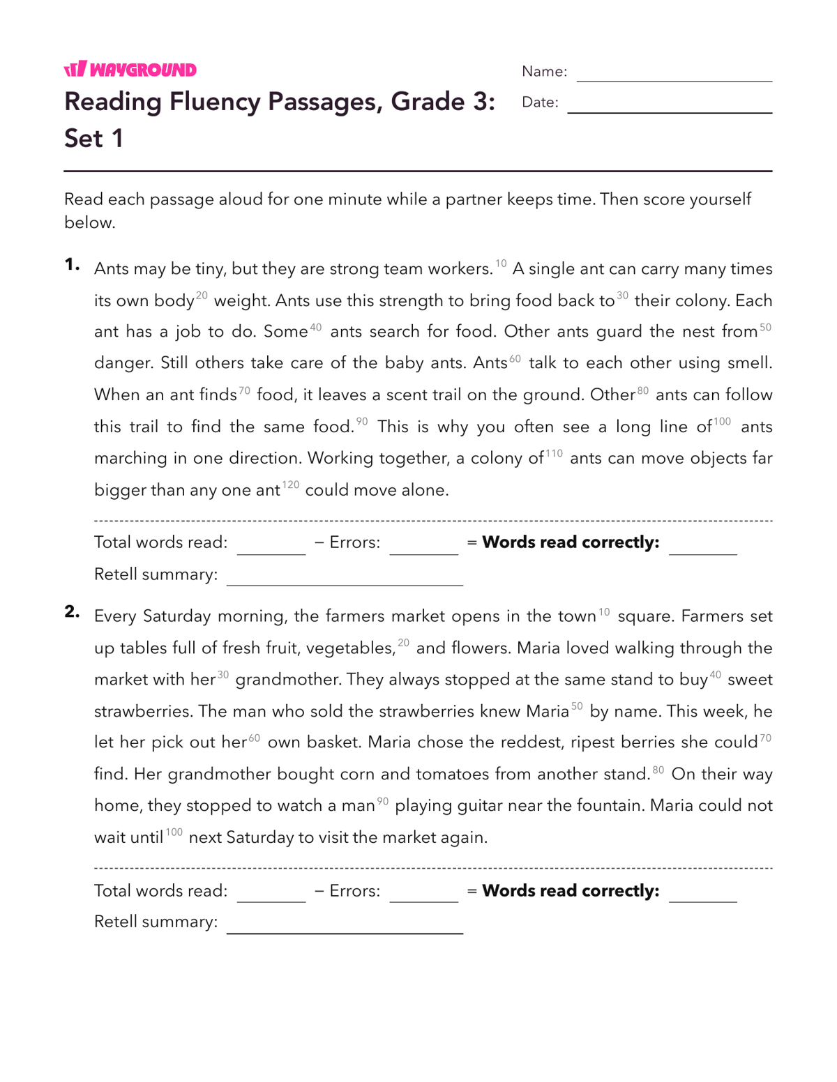 Reading Fluency Passages, Grade 3: Set 1 - Imprimible Fluidez-de-lectura Hojas-de-trabajo Grado 3 - Wayground