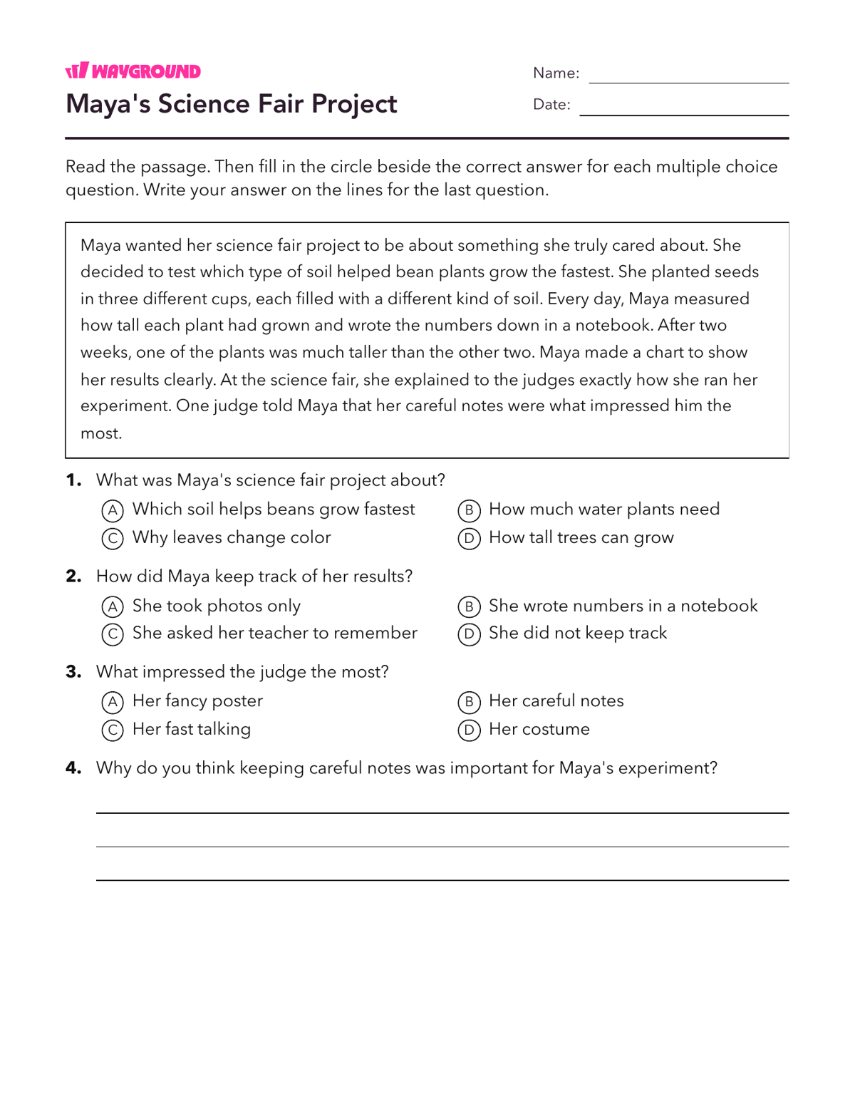 Maya's Science Fair Project - Imprimible Fluidez-de-lectura Hojas-de-trabajo Grado 3 - Wayground