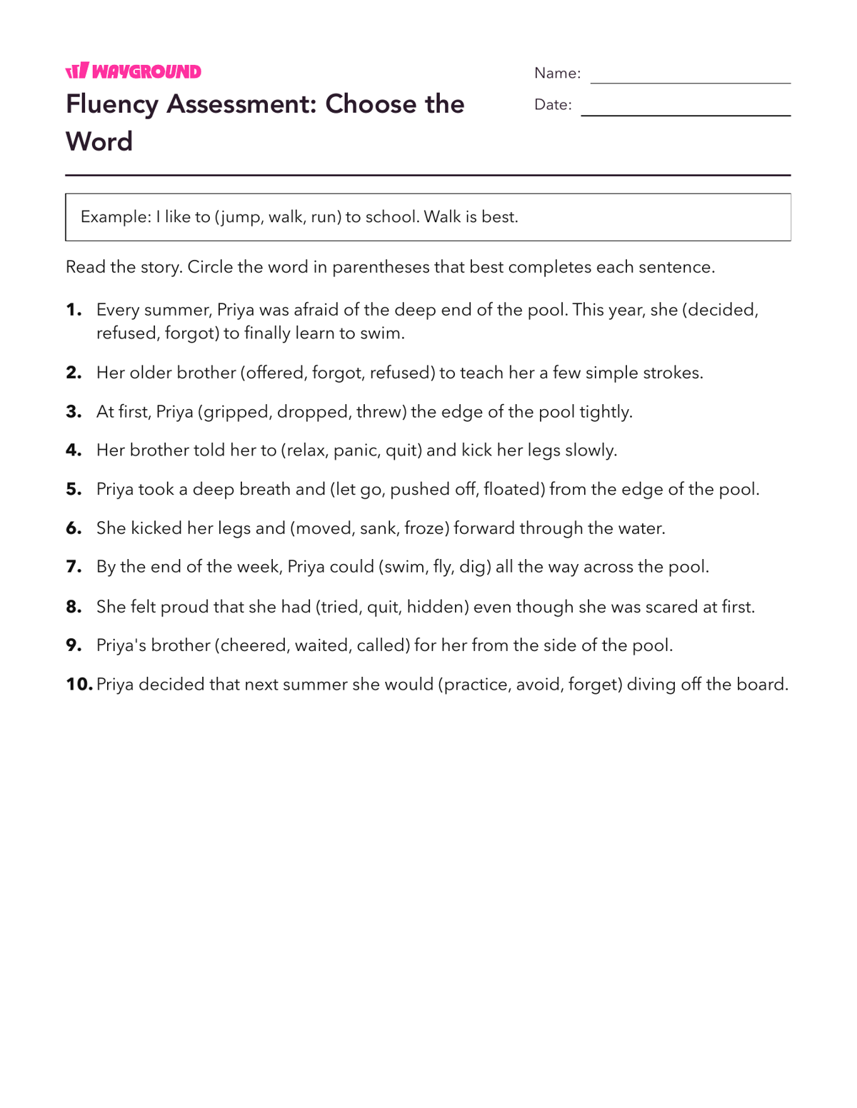 Fluency Assessment: Choose the Word - Imprimible Fluidez-de-lectura Hojas-de-trabajo Grado 3 - Wayground