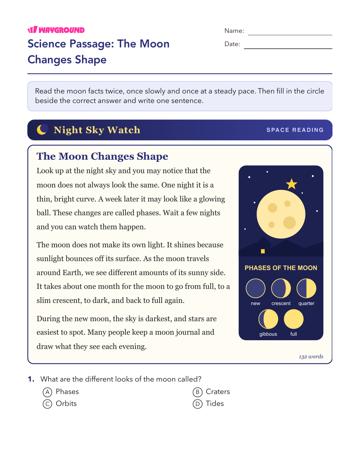 Science Passage: The Moon Changes Shape - Nadający się do druku Płynność-czytania Karty-pracy Klasa 3 - Wayground