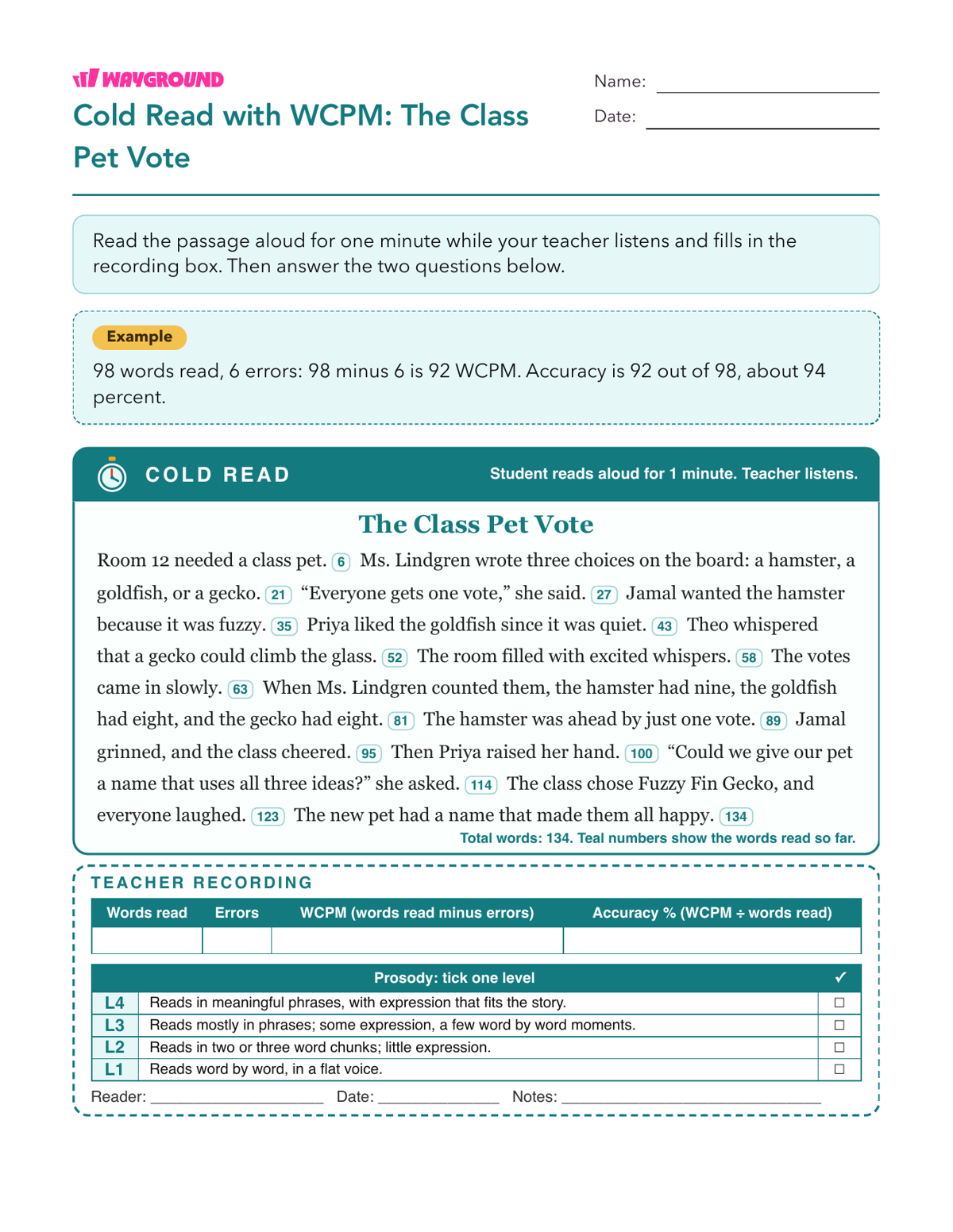 Cold Read with WCPM: The Class Pet Vote - Nadający się do druku Płynność-czytania Karty-pracy Klasa 3 - Wayground