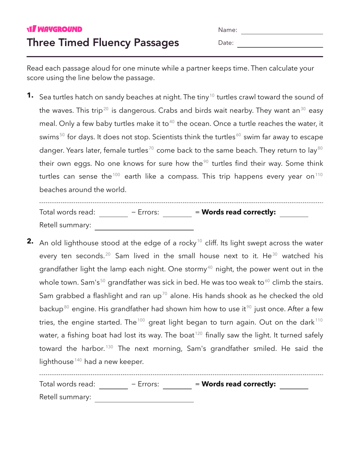 Three Timed Fluency Passages - Imprimible Fluidez-de-lectura Hojas-de-trabajo Grado 4 - Wayground