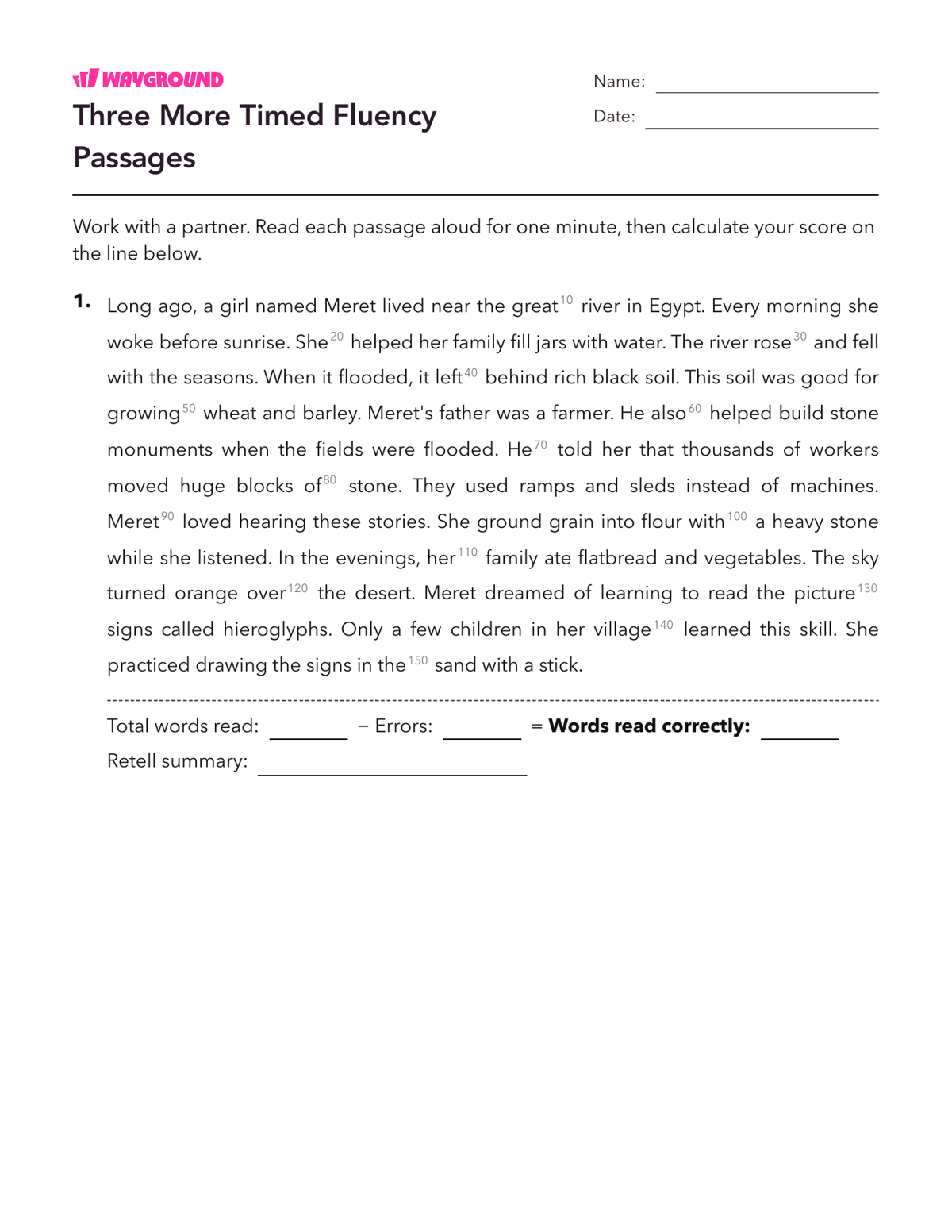 Three More Timed Fluency Passages - Imprimible Fluidez-de-lectura Hojas-de-trabajo Grado 4 - Wayground