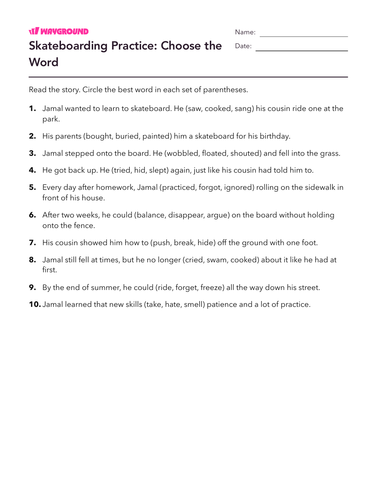Skateboarding Practice: Choose the Word - Imprimible Fluidez-de-lectura Hojas-de-trabajo Grado 4 - Wayground